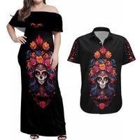 Day of Dead Skull Couples Matching Off Shoulder Maxi Dress and Hawaiian Shirt Sugar Skull Festival Lady - Wonder Print Shop