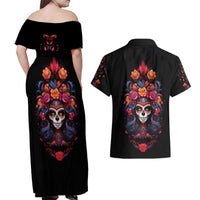 Day of Dead Skull Couples Matching Off Shoulder Maxi Dress and Hawaiian Shirt Sugar Skull Festival Lady - Wonder Print Shop