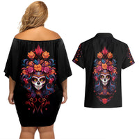 Day of Dead Skull Couples Matching Off Shoulder Short Dress and Hawaiian Shirt Sugar Skull Festival Lady - Wonder Print Shop