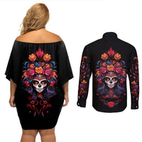 Day of Dead Skull Couples Matching Off Shoulder Short Dress and Long Sleeve Button Shirt Sugar Skull Festival Lady - Wonder Print Shop