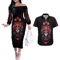 Day of Dead Skull Couples Matching Off The Shoulder Long Sleeve Dress and Hawaiian Shirt Sugar Skull Festival Lady - Wonder Print Shop