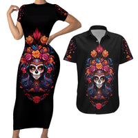 Day of Dead Skull Couples Matching Short Sleeve Bodycon Dress and Hawaiian Shirt Sugar Skull Festival Lady - Wonder Print Shop