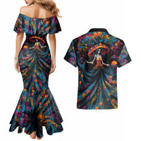 Day of Dead Lady Couples Matching Mermaid Dress and Hawaiian Shirt Sugar Skull Lady Dancing - Wonder Print Shop