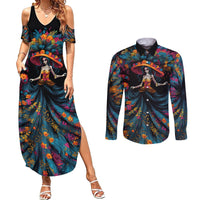 Day of Dead Lady Couples Matching Summer Maxi Dress and Long Sleeve Button Shirt Sugar Skull Lady Dancing - Wonder Print Shop