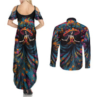 Day of Dead Lady Couples Matching Summer Maxi Dress and Long Sleeve Button Shirt Sugar Skull Lady Dancing - Wonder Print Shop