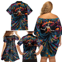 Day of Dead Lady Family Matching Off Shoulder Short Dress and Hawaiian Shirt Sugar Skull Lady Dancing - Wonder Print Shop