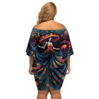 Day of Dead Lady Family Matching Off Shoulder Short Dress and Hawaiian Shirt Sugar Skull Lady Dancing - Wonder Print Shop