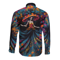 Day of Dead Lady Long Sleeve Button Shirt Sugar Skull Lady Dancing - Wonder Print Shop