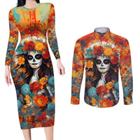 Day of Dead Lady Couples Matching Long Sleeve Bodycon Dress and Long Sleeve Button Shirt Sugar Skull Field Rose Lady - Wonder Print Shop
