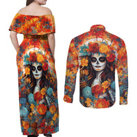 Day of Dead Lady Couples Matching Off Shoulder Maxi Dress and Long Sleeve Button Shirt Sugar Skull Field Rose Lady - Wonder Print Shop
