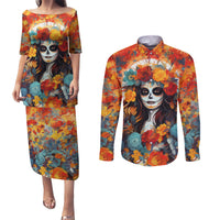 Day of Dead Lady Couples Matching Puletasi Dress and Long Sleeve Button Shirt Sugar Skull Field Rose Lady - Wonder Print Shop