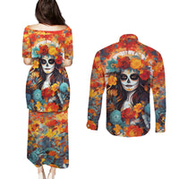 Day of Dead Lady Couples Matching Puletasi Dress and Long Sleeve Button Shirt Sugar Skull Field Rose Lady - Wonder Print Shop