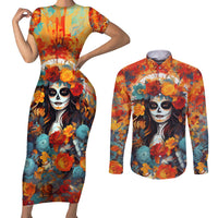 Day of Dead Lady Couples Matching Short Sleeve Bodycon Dress and Long Sleeve Button Shirt Sugar Skull Field Rose Lady - Wonder Print Shop