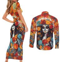 Day of Dead Lady Couples Matching Short Sleeve Bodycon Dress and Long Sleeve Button Shirt Sugar Skull Field Rose Lady - Wonder Print Shop
