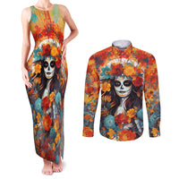 Day of Dead Lady Couples Matching Tank Maxi Dress and Long Sleeve Button Shirt Sugar Skull Field Rose Lady - Wonder Print Shop