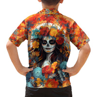 Day of Dead Lady Family Matching Long Sleeve Bodycon Dress and Hawaiian Shirt Sugar Skull Field Rose Lady - Wonder Print Shop