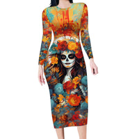 Day of Dead Lady Family Matching Long Sleeve Bodycon Dress and Hawaiian Shirt Sugar Skull Field Rose Lady - Wonder Print Shop