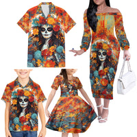 Day of Dead Lady Family Matching Off Shoulder Long Sleeve Dress and Hawaiian Shirt Sugar Skull Field Rose Lady - Wonder Print Shop