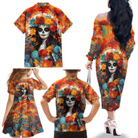 Day of Dead Lady Family Matching Off Shoulder Long Sleeve Dress and Hawaiian Shirt Sugar Skull Field Rose Lady - Wonder Print Shop