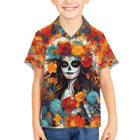 Day of Dead Lady Family Matching Off Shoulder Long Sleeve Dress and Hawaiian Shirt Sugar Skull Field Rose Lady - Wonder Print Shop
