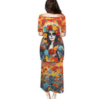 Day of Dead Lady Family Matching Puletasi Dress and Hawaiian Shirt Sugar Skull Field Rose Lady - Wonder Print Shop
