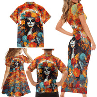 Day of Dead Lady Family Matching Short Sleeve Bodycon Dress and Hawaiian Shirt Sugar Skull Field Rose Lady - Wonder Print Shop