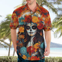 Yellow short-sleeve Hawaiian shirt with sugar skull face and colorful roses graphic