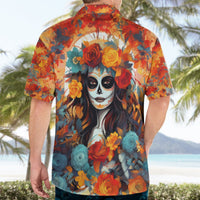 Yellow short-sleeve Hawaiian shirt with back print of sugar skull surrounded by roses