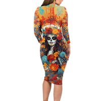 Day of Dead Lady Long Sleeve Bodycon Dress Sugar Skull Field Rose Lady - Wonder Print Shop