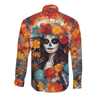 Day of Dead Lady Long Sleeve Button Shirt Sugar Skull Field Rose Lady - Wonder Print Shop