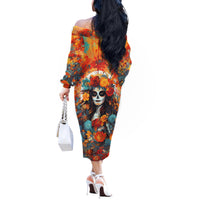 Day of Dead Lady Off The Shoulder Long Sleeve Dress Sugar Skull Field Rose Lady - Wonder Print Shop