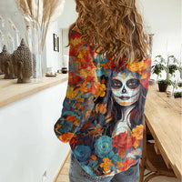 Day of Dead Lady Women Casual Shirt Sugar Skull Field Rose Lady - Wonder Print Shop