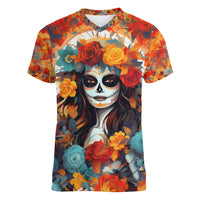 Day of Dead Lady Women V Neck T Shirt Sugar Skull Field Rose Lady - Wonder Print Shop