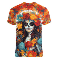 Day of Dead Lady Women V Neck T Shirt Sugar Skull Field Rose Lady - Wonder Print Shop
