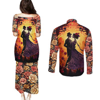 Day of Dead Couple Couples Matching Puletasi Dress and Long Sleeve Button Shirt Sugar Skull Couple Dancing - Wonder Print Shop