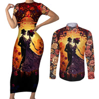 Day of Dead Couple Couples Matching Short Sleeve Bodycon Dress and Long Sleeve Button Shirt Sugar Skull Couple Dancing - Wonder Print Shop