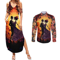 Day of Dead Couple Couples Matching Summer Maxi Dress and Long Sleeve Button Shirt Sugar Skull Couple Dancing - Wonder Print Shop