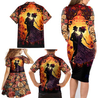 Day of Dead Couple Family Matching Long Sleeve Bodycon Dress and Hawaiian Shirt Sugar Skull Couple Dancing - Wonder Print Shop