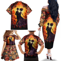 Day of Dead Couple Family Matching Off Shoulder Long Sleeve Dress and Hawaiian Shirt Sugar Skull Couple Dancing - Wonder Print Shop