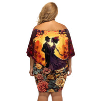 Day of Dead Couple Family Matching Off Shoulder Short Dress and Hawaiian Shirt Sugar Skull Couple Dancing - Wonder Print Shop