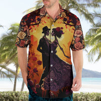 Orange Hawaiian shirt on model: dancing couple print with roses, short sleeves, button-front