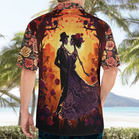 Orange Hawaiian shirt back view: dancing couple print with roses and trees, button-front short sleeves