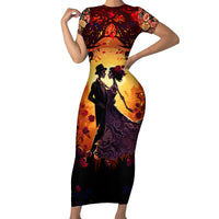 Day of Dead Couple Short Sleeve Bodycon Dress Sugar Skull Couple Dancing - Wonder Print Shop