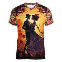 Day of Dead Couple Women V Neck T Shirt Sugar Skull Couple Dancing - Wonder Print Shop
