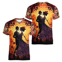 Day of Dead Couple Women V Neck T Shirt Sugar Skull Couple Dancing - Wonder Print Shop