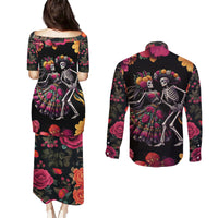 Day of Dead Couple Couples Matching Puletasi Dress and Long Sleeve Button Shirt Sugar Skull Couple Dancing - Wonder Print Shop