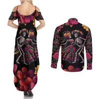 Day of Dead Couple Couples Matching Summer Maxi Dress and Long Sleeve Button Shirt Sugar Skull Couple Dancing - Wonder Print Shop