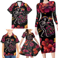 Day of Dead Couple Family Matching Long Sleeve Bodycon Dress and Hawaiian Shirt Sugar Skull Couple Dancing - Wonder Print Shop