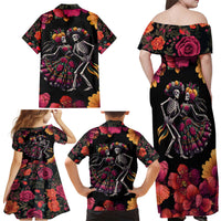 Day of Dead Couple Family Matching Off Shoulder Maxi Dress and Hawaiian Shirt Sugar Skull Couple Dancing - Wonder Print Shop