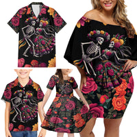 Day of Dead Couple Family Matching Off Shoulder Short Dress and Hawaiian Shirt Sugar Skull Couple Dancing - Wonder Print Shop